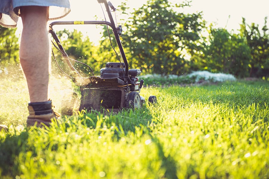 Close up of man mowing healthy grass to represent lawn care services in Eden Prairie, Minnesota